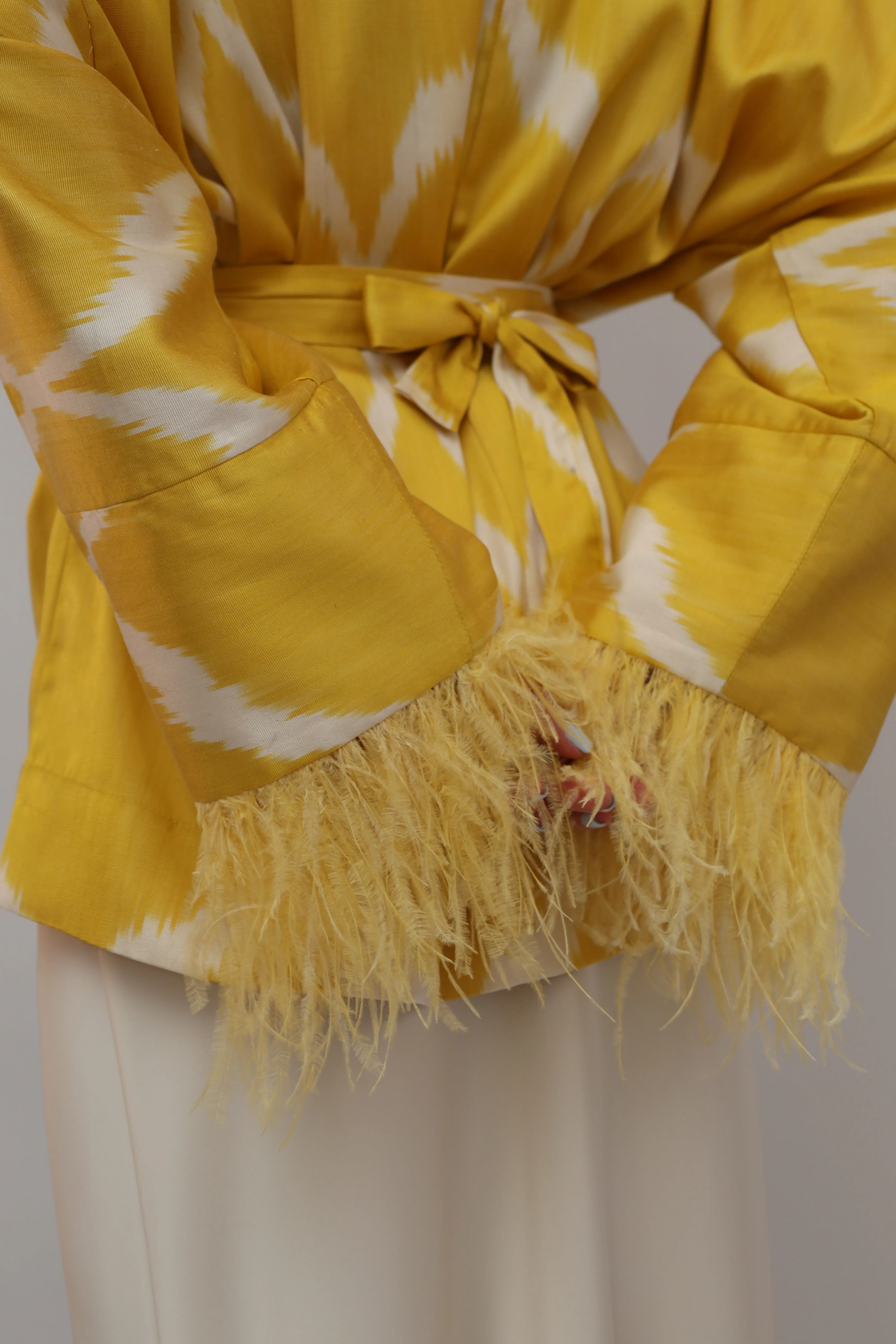 85 % Silk Yellow Mini Kimono With Feathers