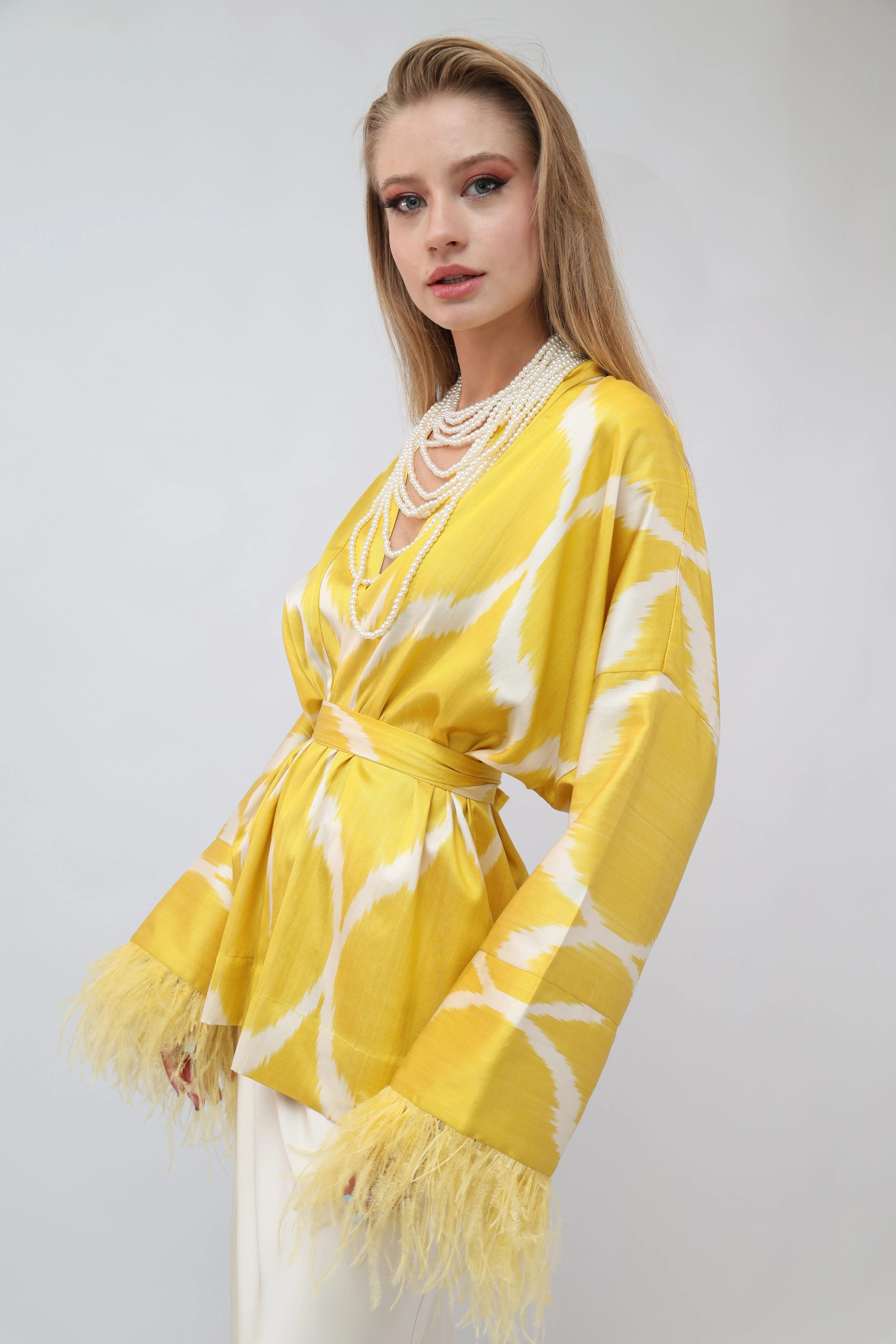 85 % Silk Yellow Mini Kimono With Feathers