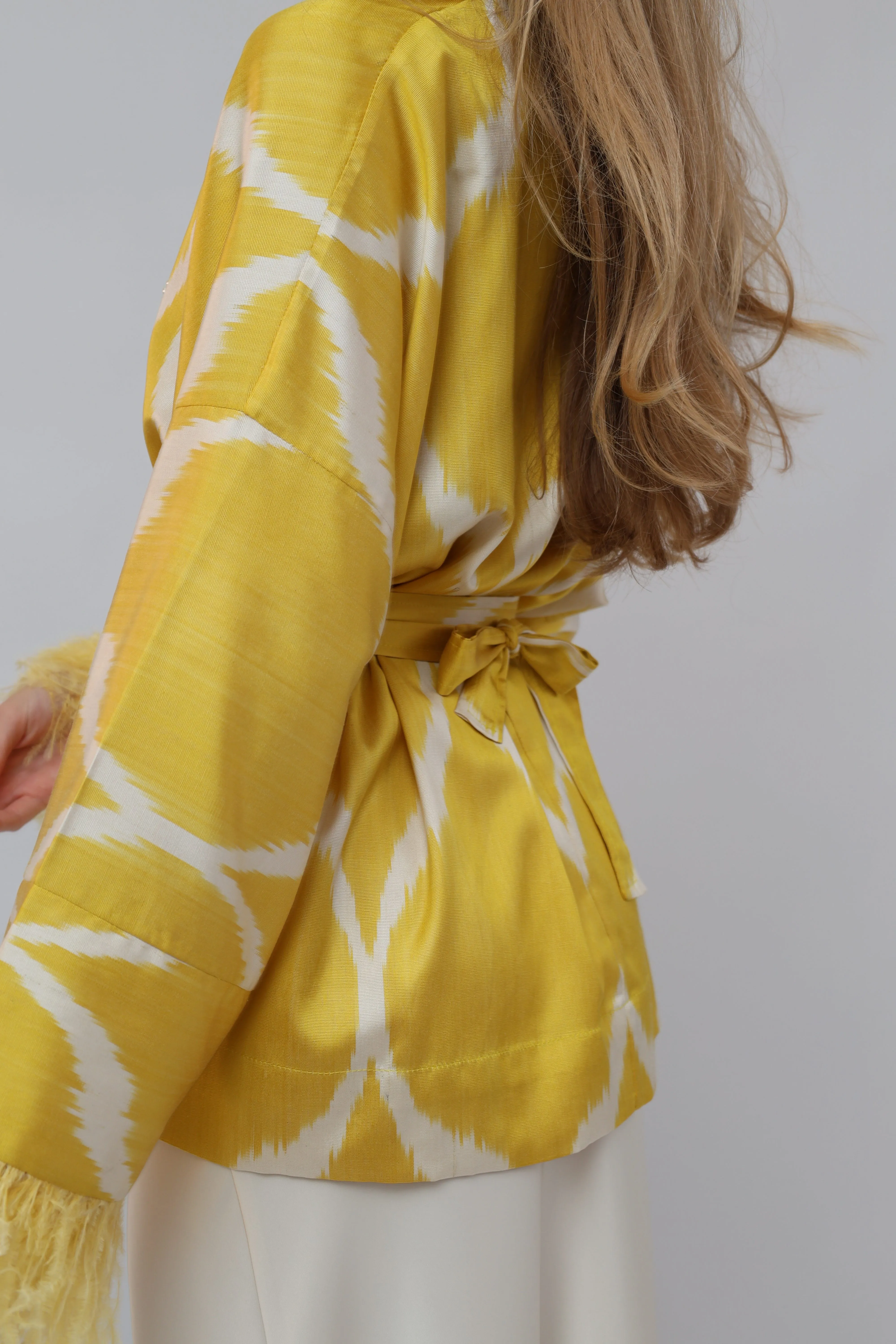 85 % Silk Yellow Mini Kimono With Feathers