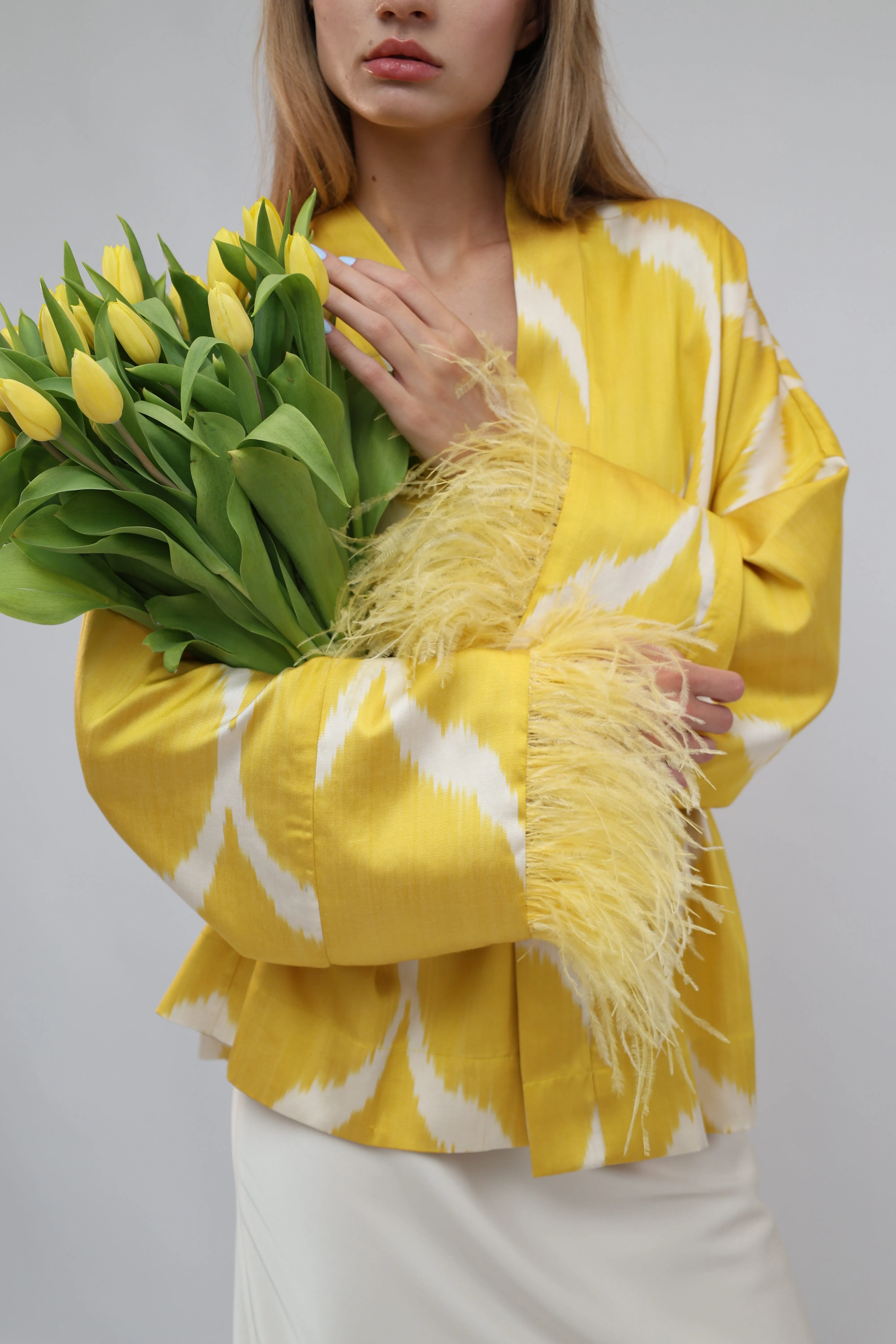 85 % Silk Yellow Mini Kimono With Feathers