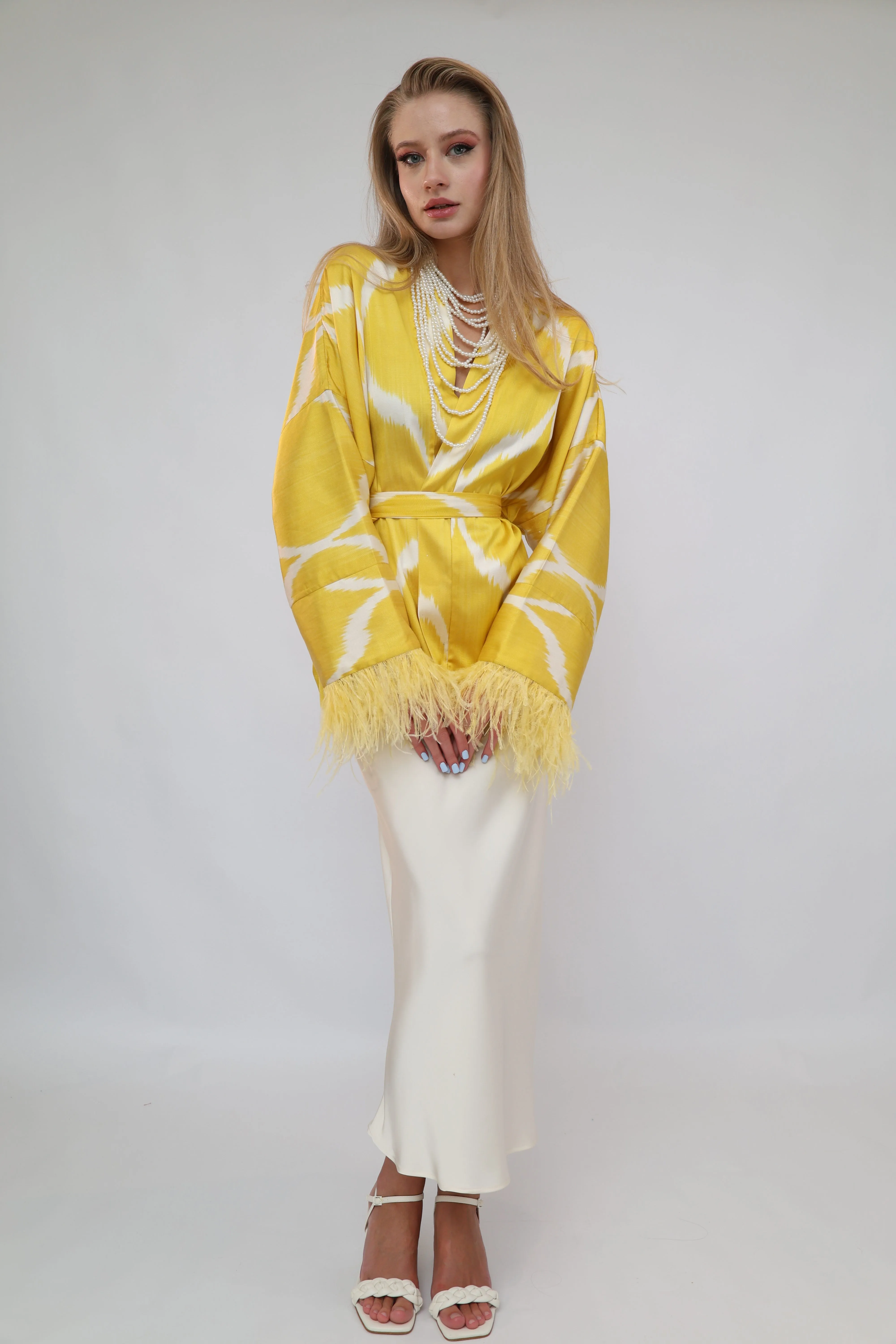 85 % Silk Yellow Mini Kimono With Feathers