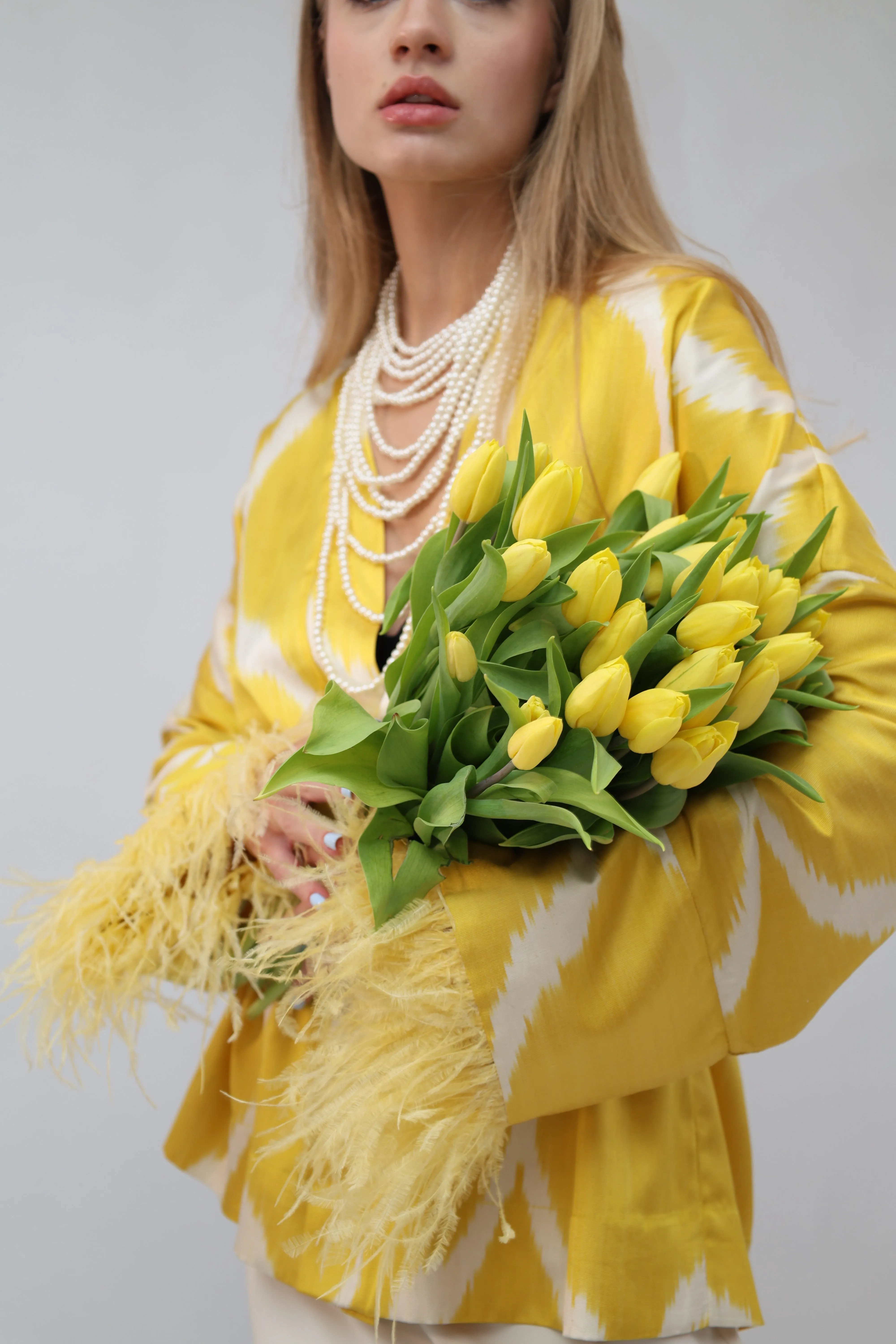 85 % Silk Yellow Mini Kimono With Feathers