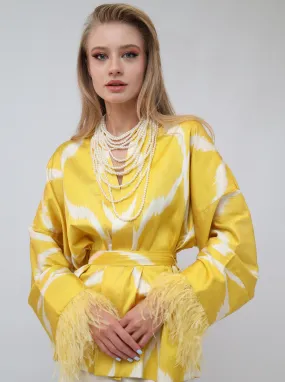 85 % Silk Yellow Mini Kimono With Feathers