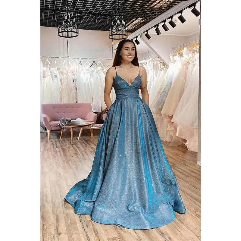 A-line Spaghetti Straps Sparkle Tulle Long Prom Dress with Pockest