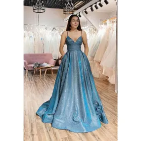 A-line Spaghetti Straps Sparkle Tulle Long Prom Dress with Pockest