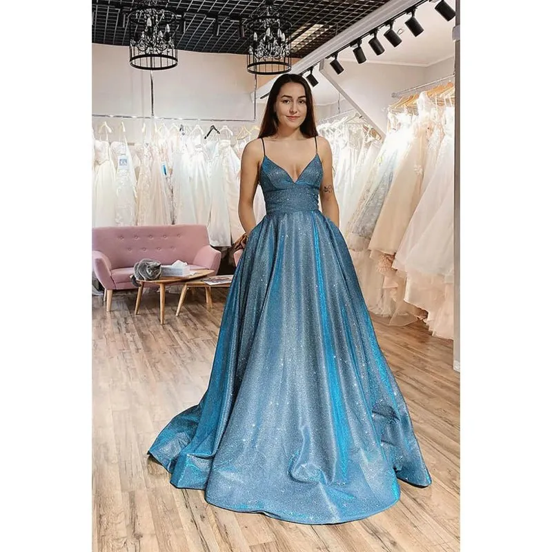 A-line Spaghetti Straps Sparkle Tulle Long Prom Dress with Pockest
