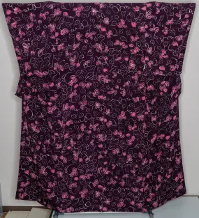 Abstract Pink Flowers & Leaves Dark Purple Kimono - Vintage Genuine Japanese Robe - Cartoon Floral