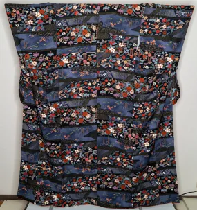 Amazing Colorful Silk Kimono - Deep Blue - Peonies Botan Cherry Blossoms Sakura Shiny Gold