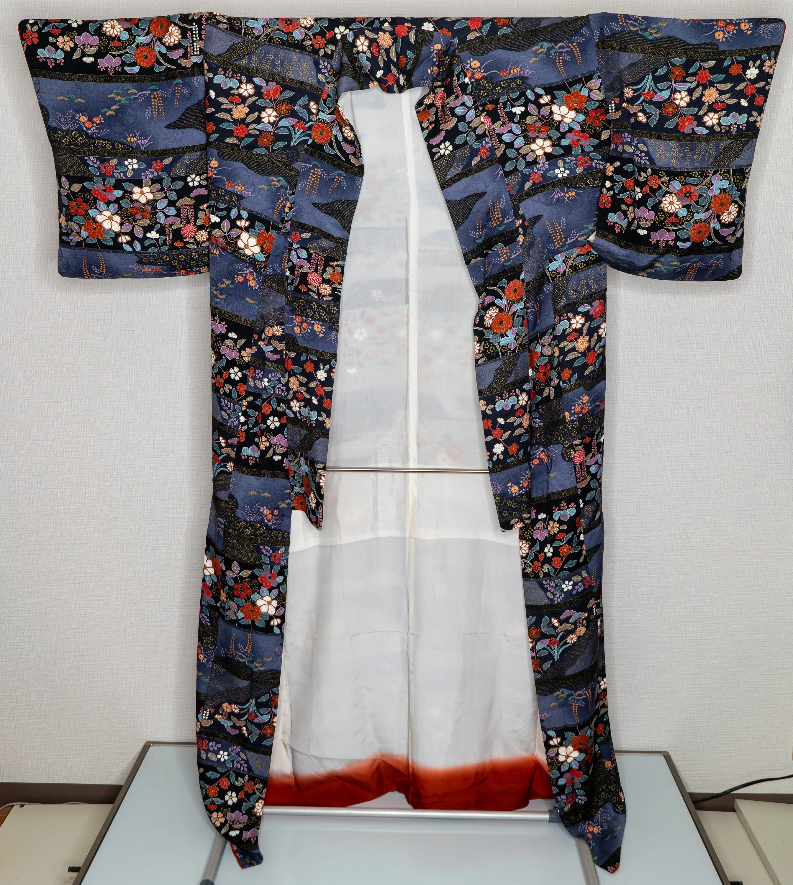 Amazing Colorful Silk Kimono - Deep Blue - Peonies Botan Cherry Blossoms Sakura Shiny Gold