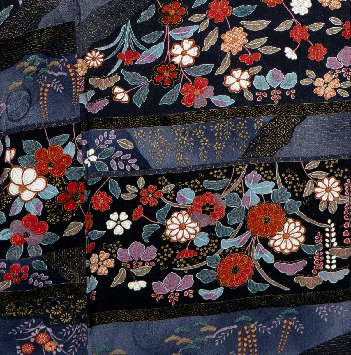Amazing Colorful Silk Kimono - Deep Blue - Peonies Botan Cherry Blossoms Sakura Shiny Gold