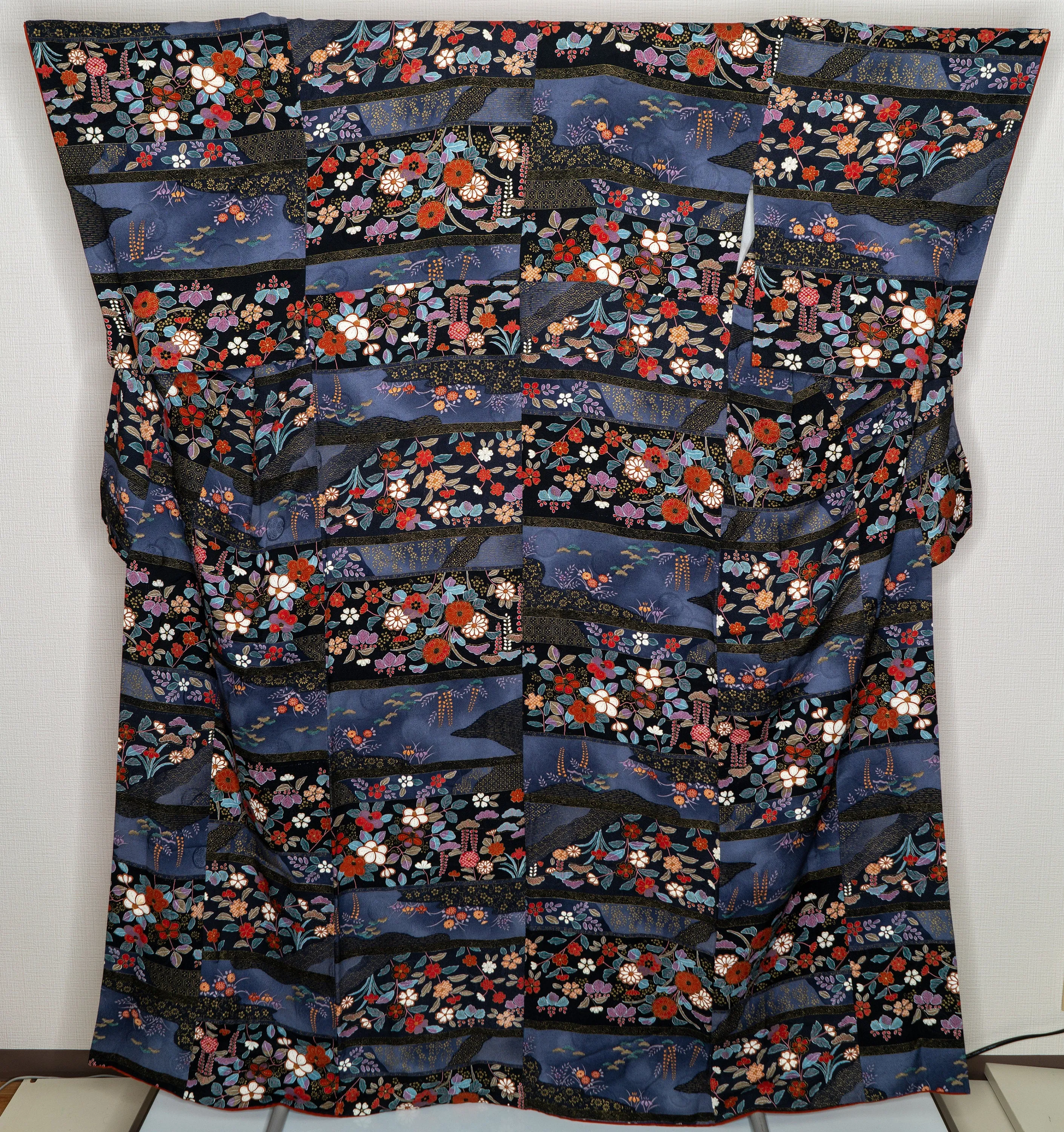 Amazing Colorful Silk Kimono - Deep Blue - Peonies Botan Cherry Blossoms Sakura Shiny Gold