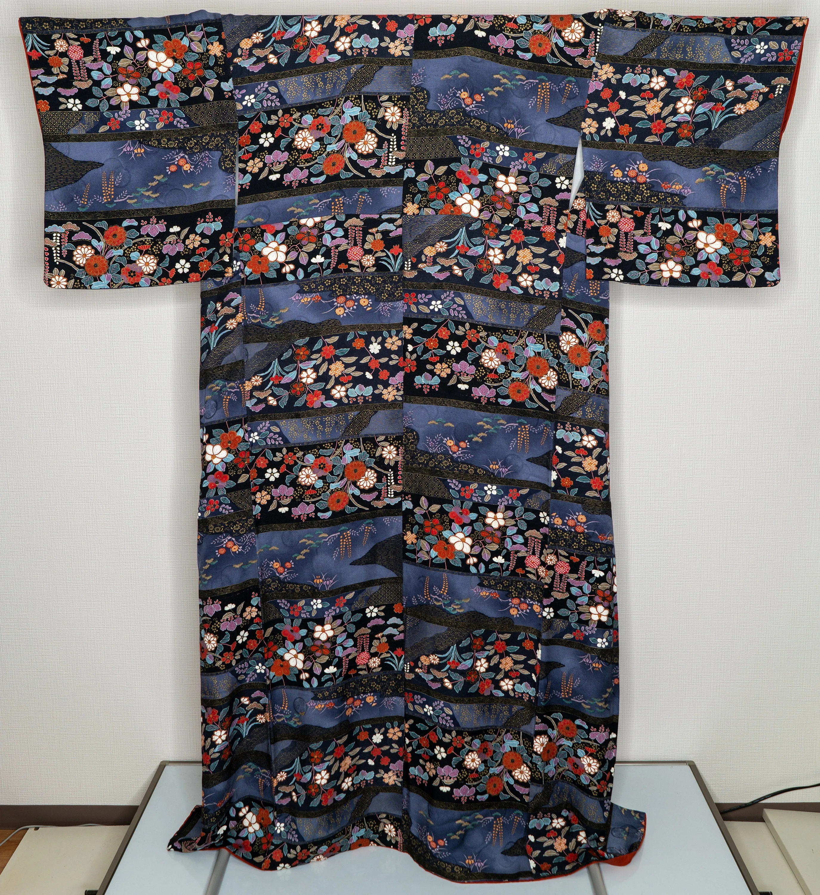 Amazing Colorful Silk Kimono - Deep Blue - Peonies Botan Cherry Blossoms Sakura Shiny Gold