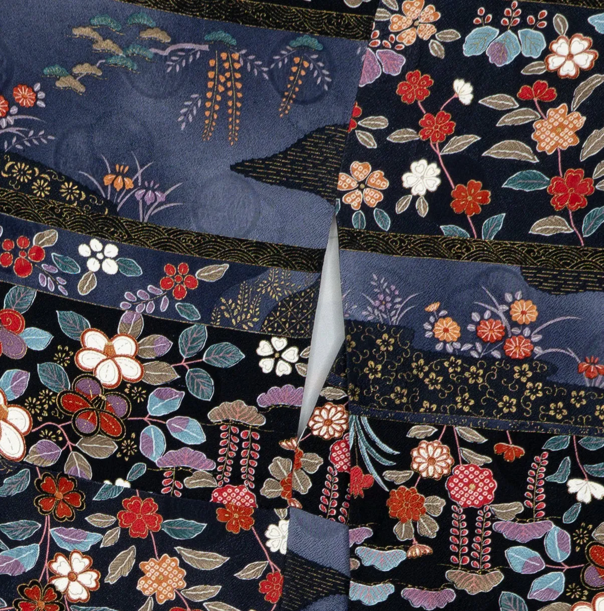 Amazing Colorful Silk Kimono - Deep Blue - Peonies Botan Cherry Blossoms Sakura Shiny Gold