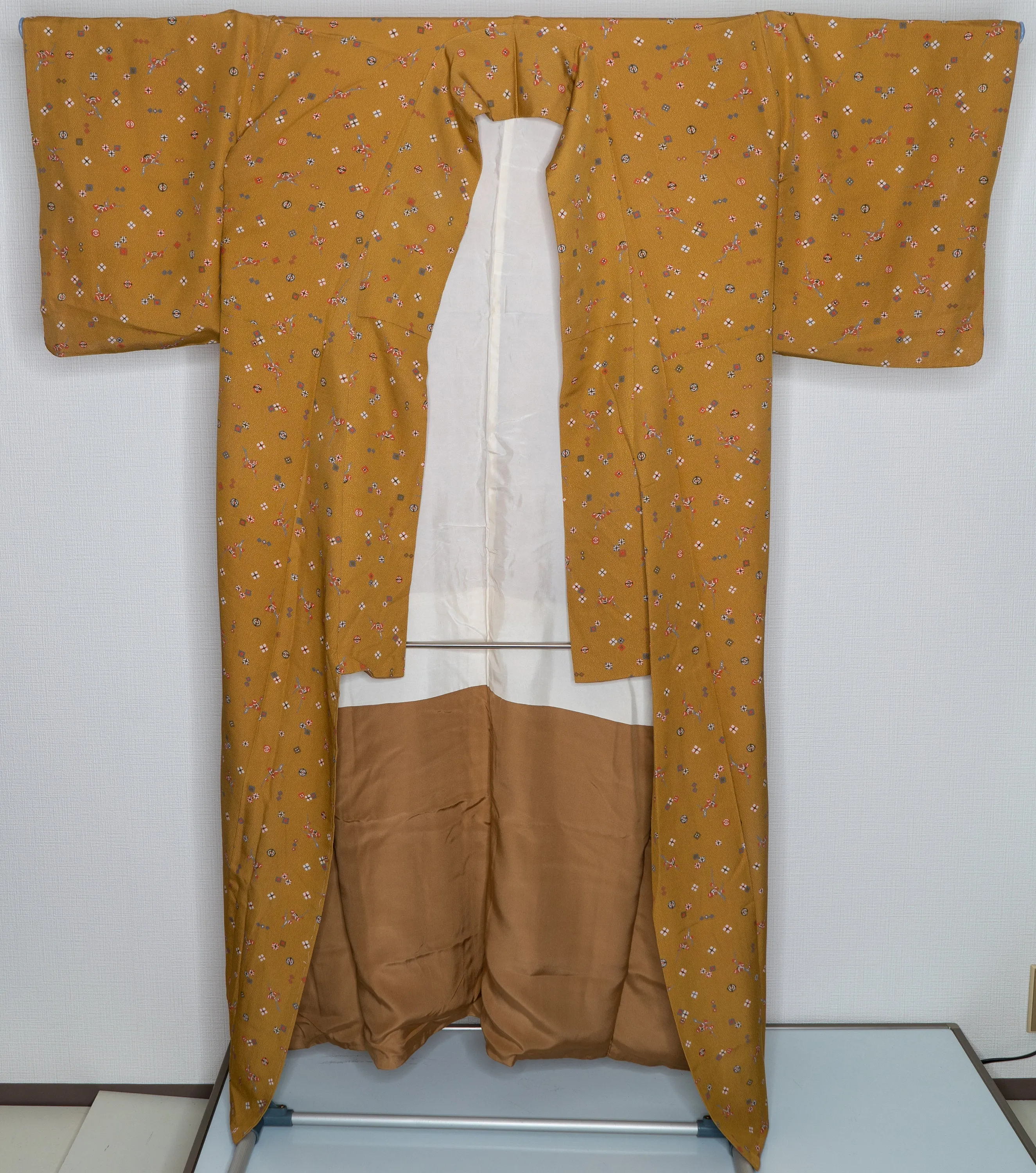 Amazing Orange Silk Kimono - Women's Robe Squares Flower Buds Branches Chirimen Fabric
