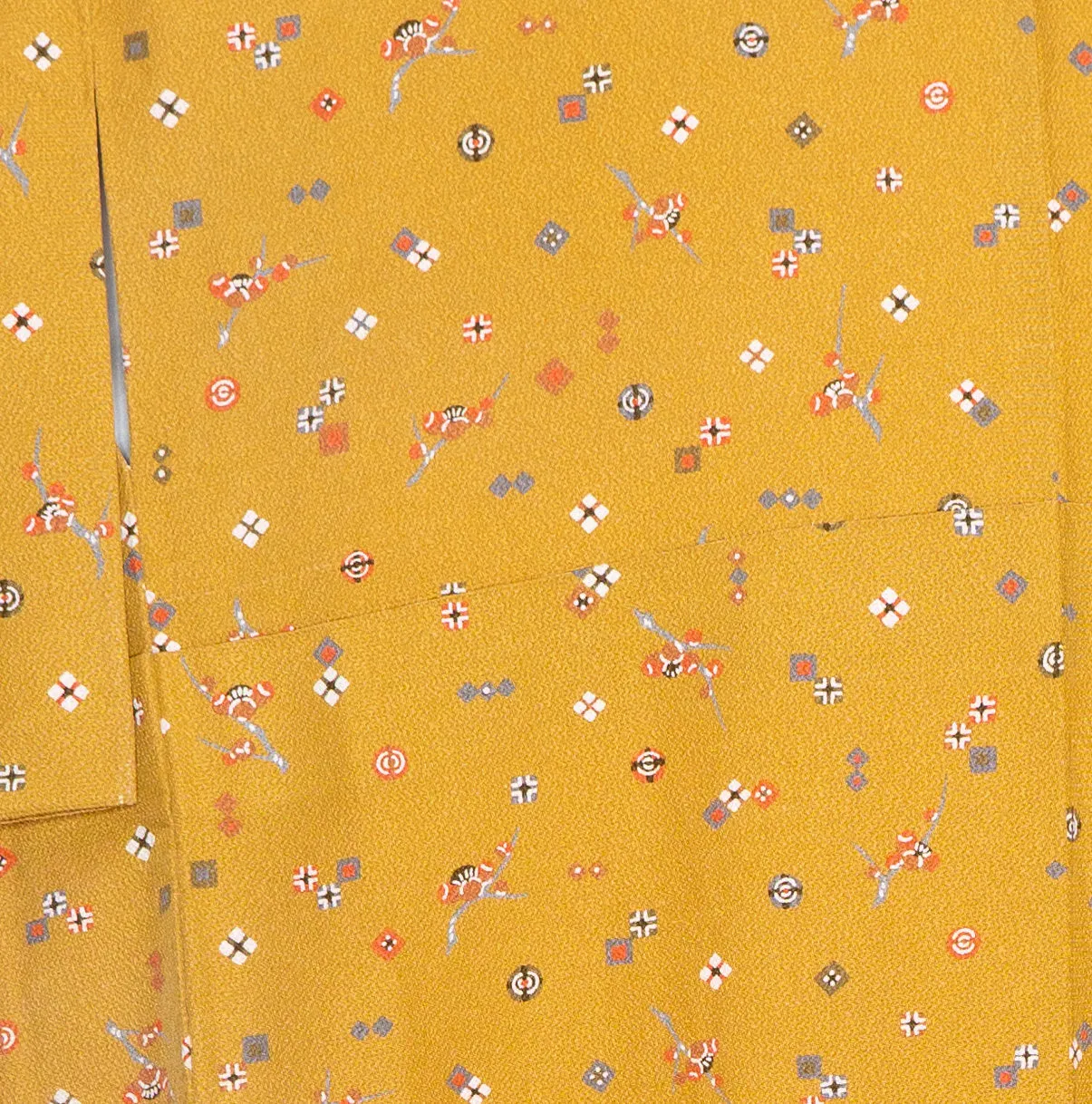 Amazing Orange Silk Kimono - Women's Robe Squares Flower Buds Branches Chirimen Fabric
