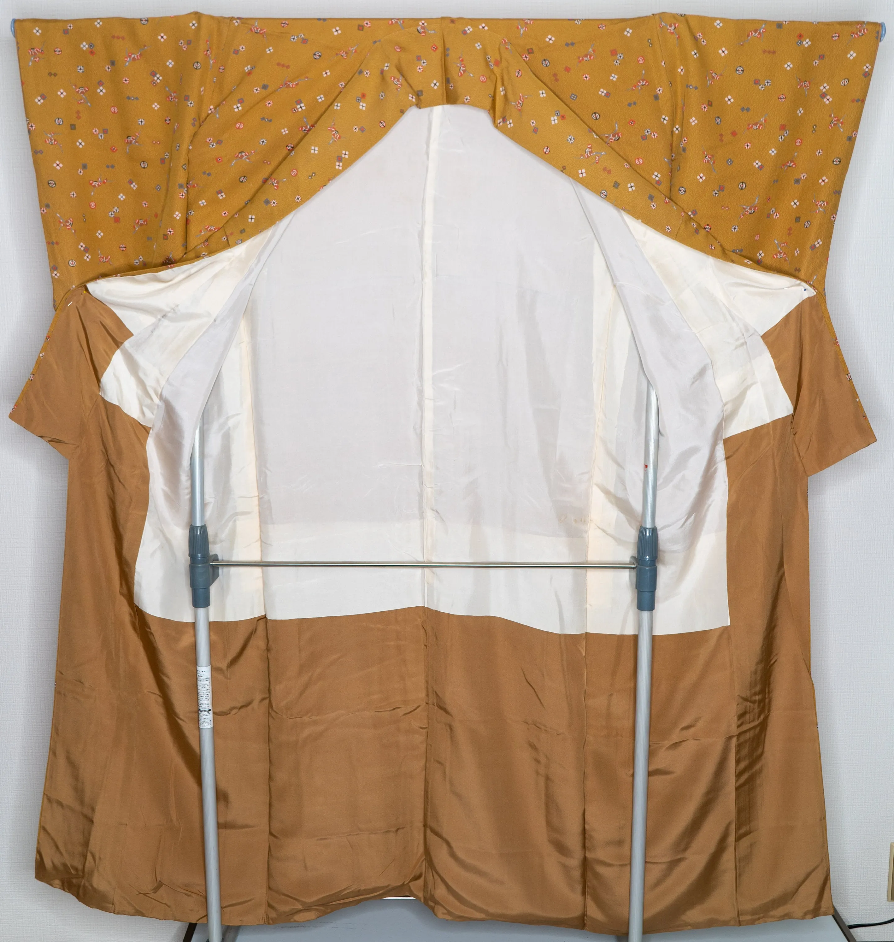 Amazing Orange Silk Kimono - Women's Robe Squares Flower Buds Branches Chirimen Fabric
