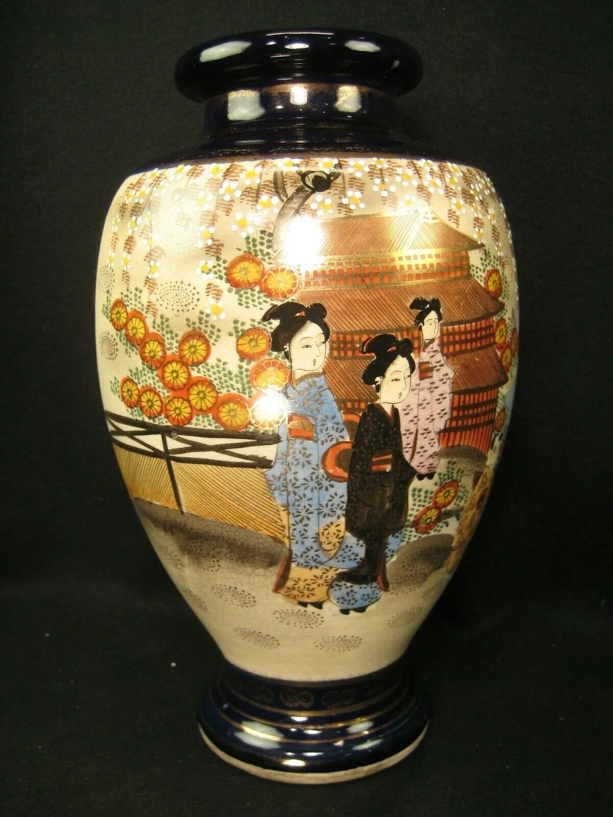 Antique Japanese Signed Ceramic Satsuma Flower Vase Scenic Kimono Geisha