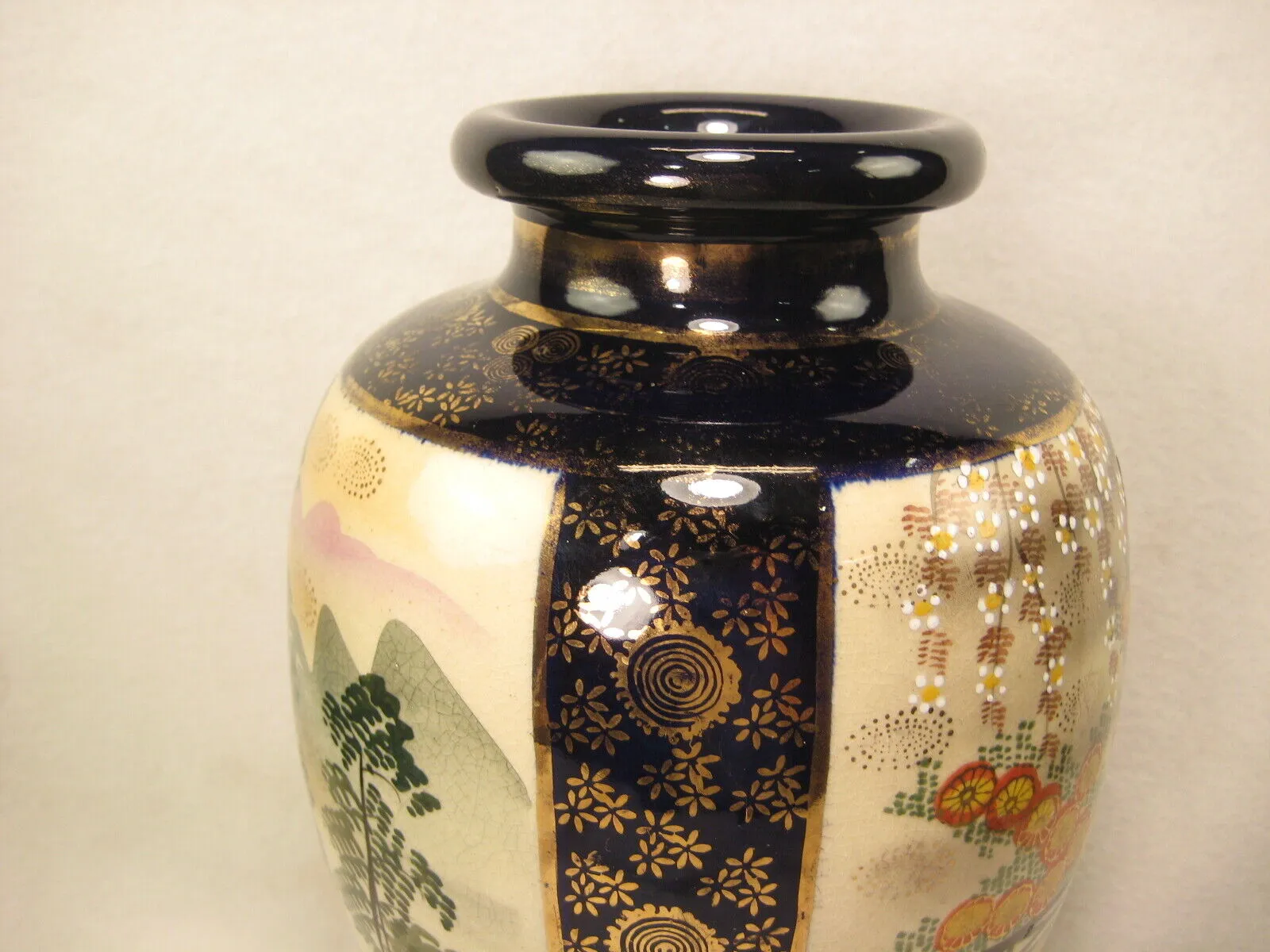Antique Japanese Signed Ceramic Satsuma Flower Vase Scenic Kimono Geisha