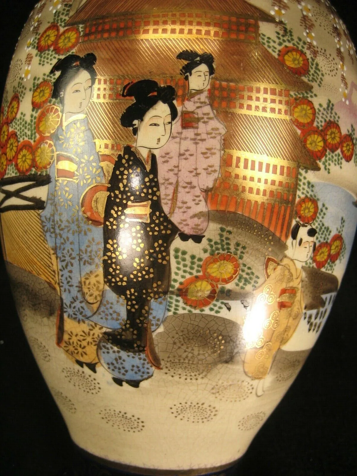 Antique Japanese Signed Ceramic Satsuma Flower Vase Scenic Kimono Geisha