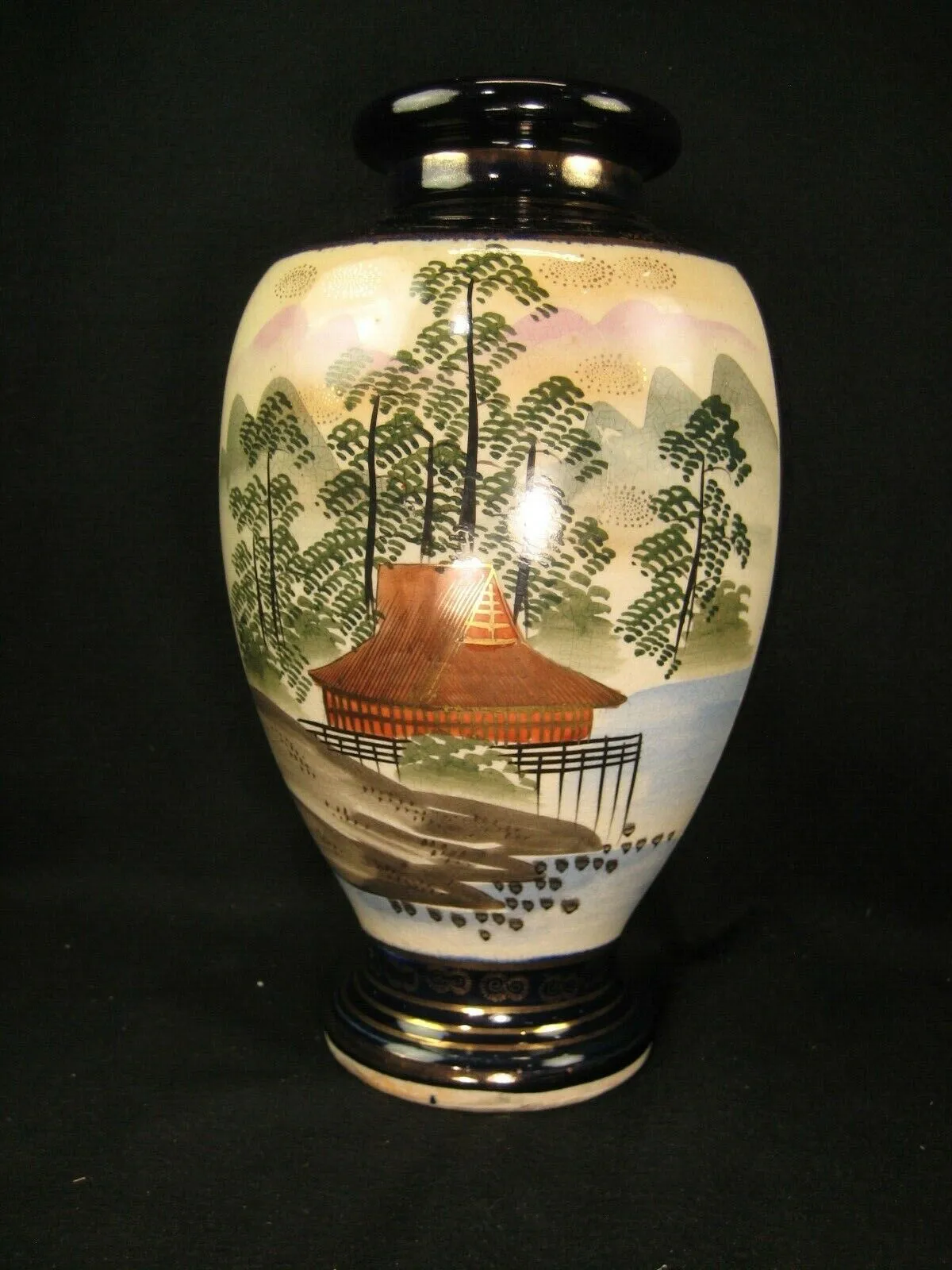 Antique Japanese Signed Ceramic Satsuma Flower Vase Scenic Kimono Geisha