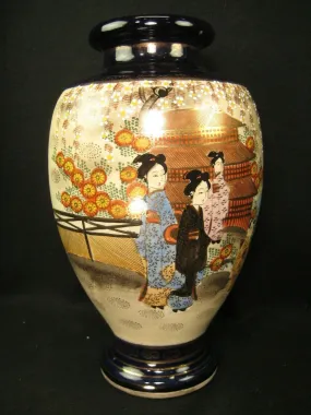 Antique Japanese Signed Ceramic Satsuma Flower Vase Scenic Kimono Geisha