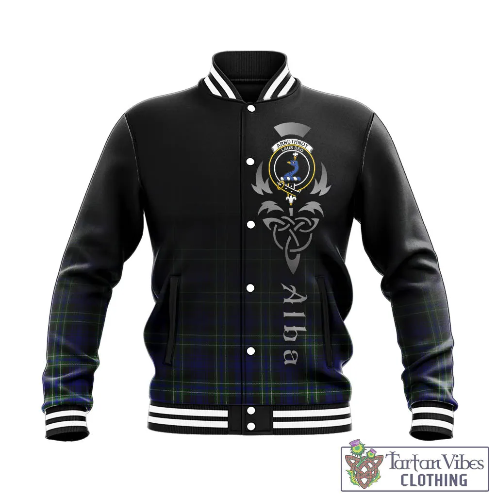 Arbuthnot Modern Tartan Baseball Jacket Featuring Alba Gu Brath Family Crest Celtic Inspired