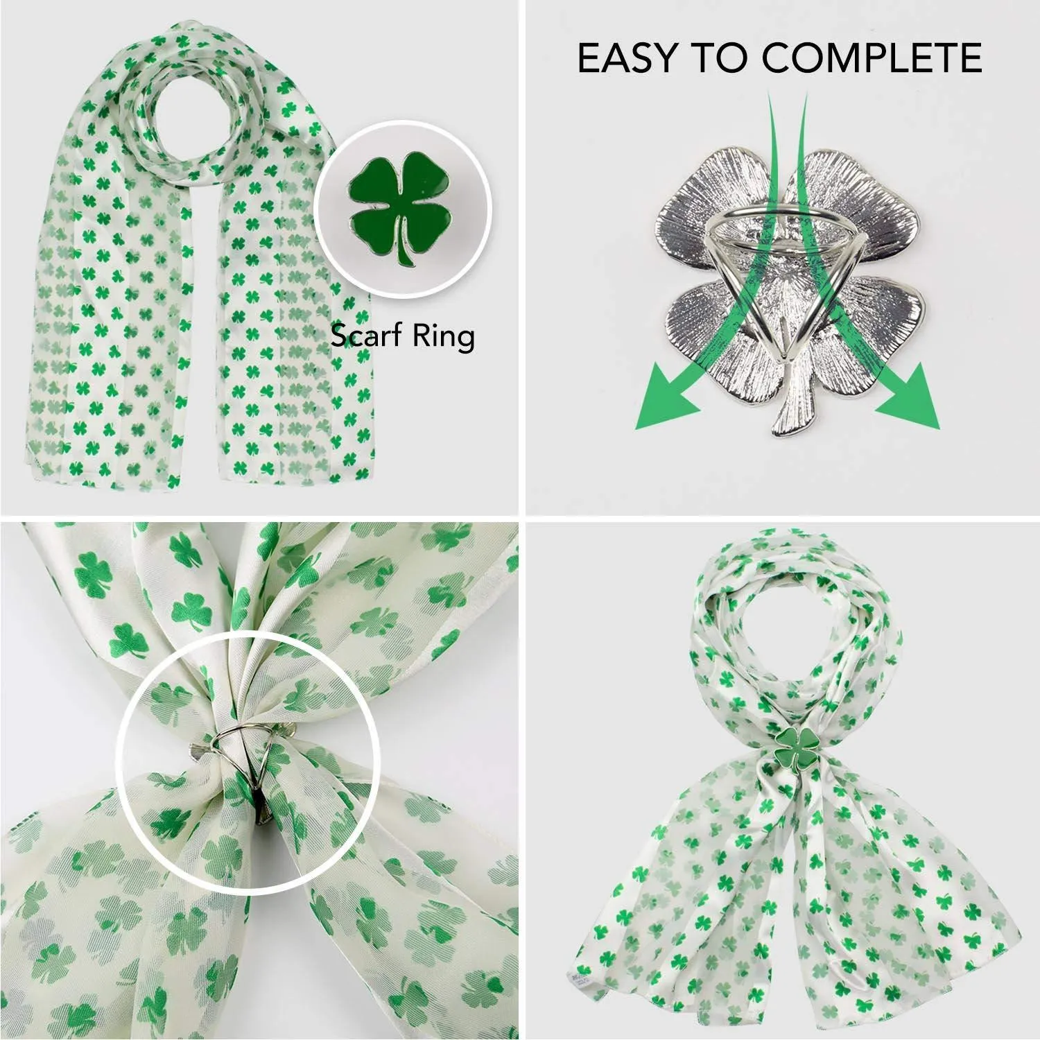 BaiscSense Shiny Celtic Irish Shamrock Scarf and Rhodium Silver Scarf Ring Set. Lucky Four Leaf Clover St. Patricks Day Scarf, 148 x 35 cm (58 x 13 inches) Big Leaves Green