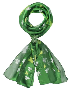 BaiscSense Shiny Celtic Irish Shamrock Scarf and Rhodium Silver Scarf Ring Set. Lucky Four Leaf Clover St. Patricks Day Scarf, 148 x 35 cm (58 x 13 inches) Big Leaves Green
