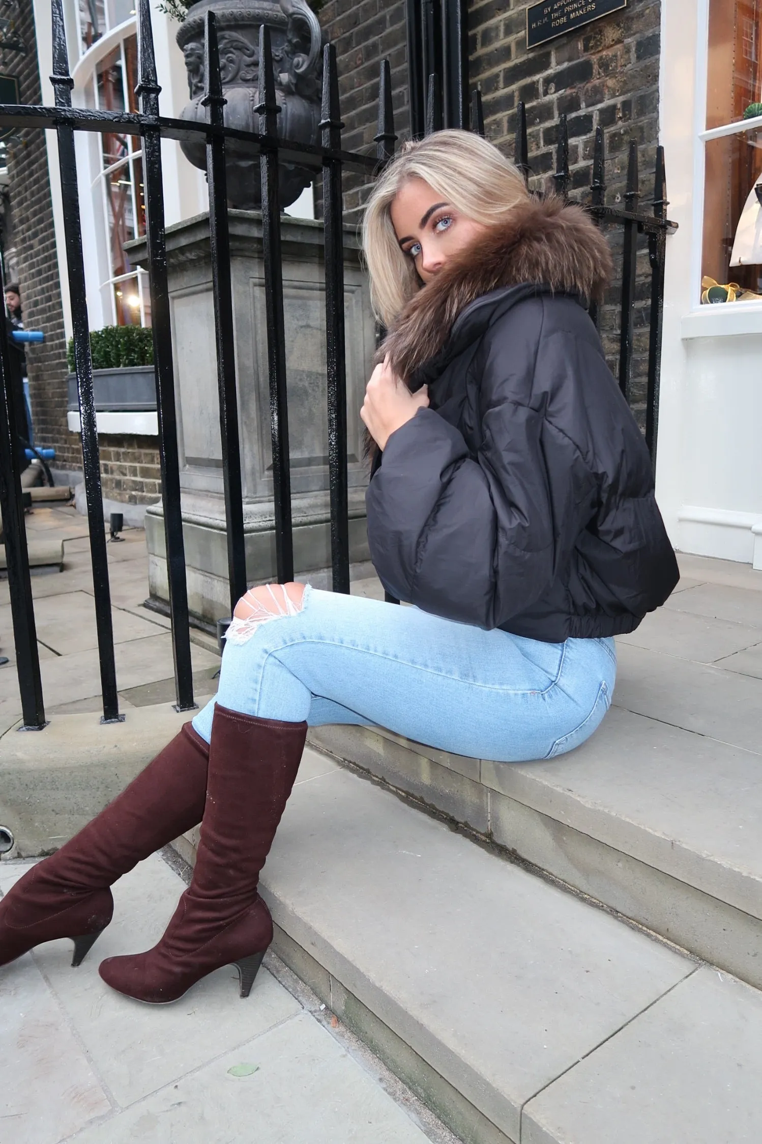 Black Luxury Fur Trim Crop Jacket