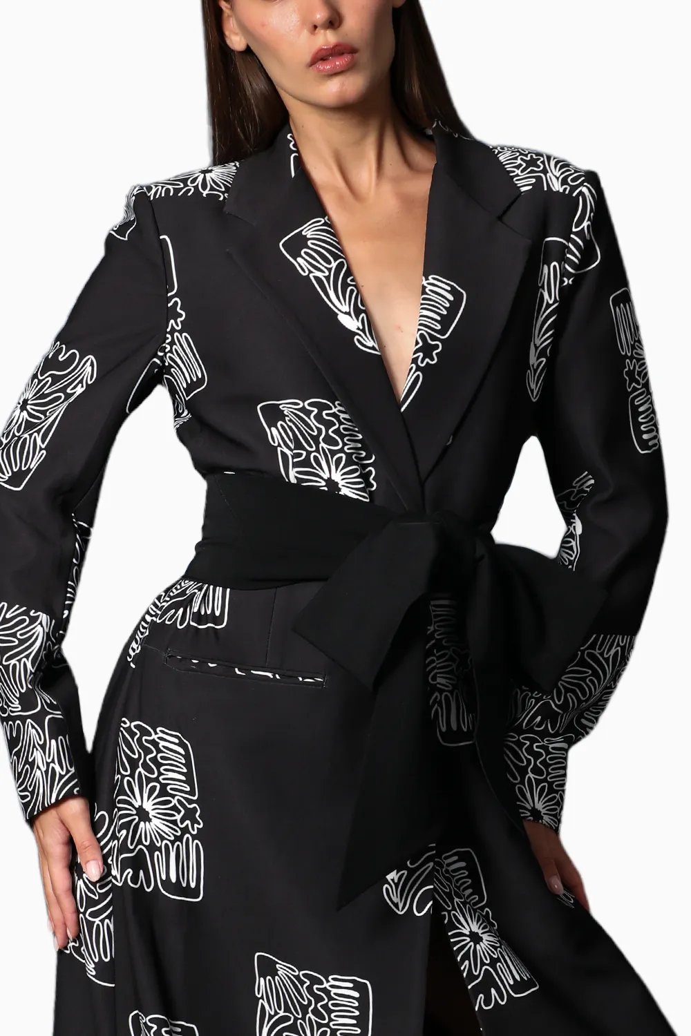 Black Printed Long Overcoat