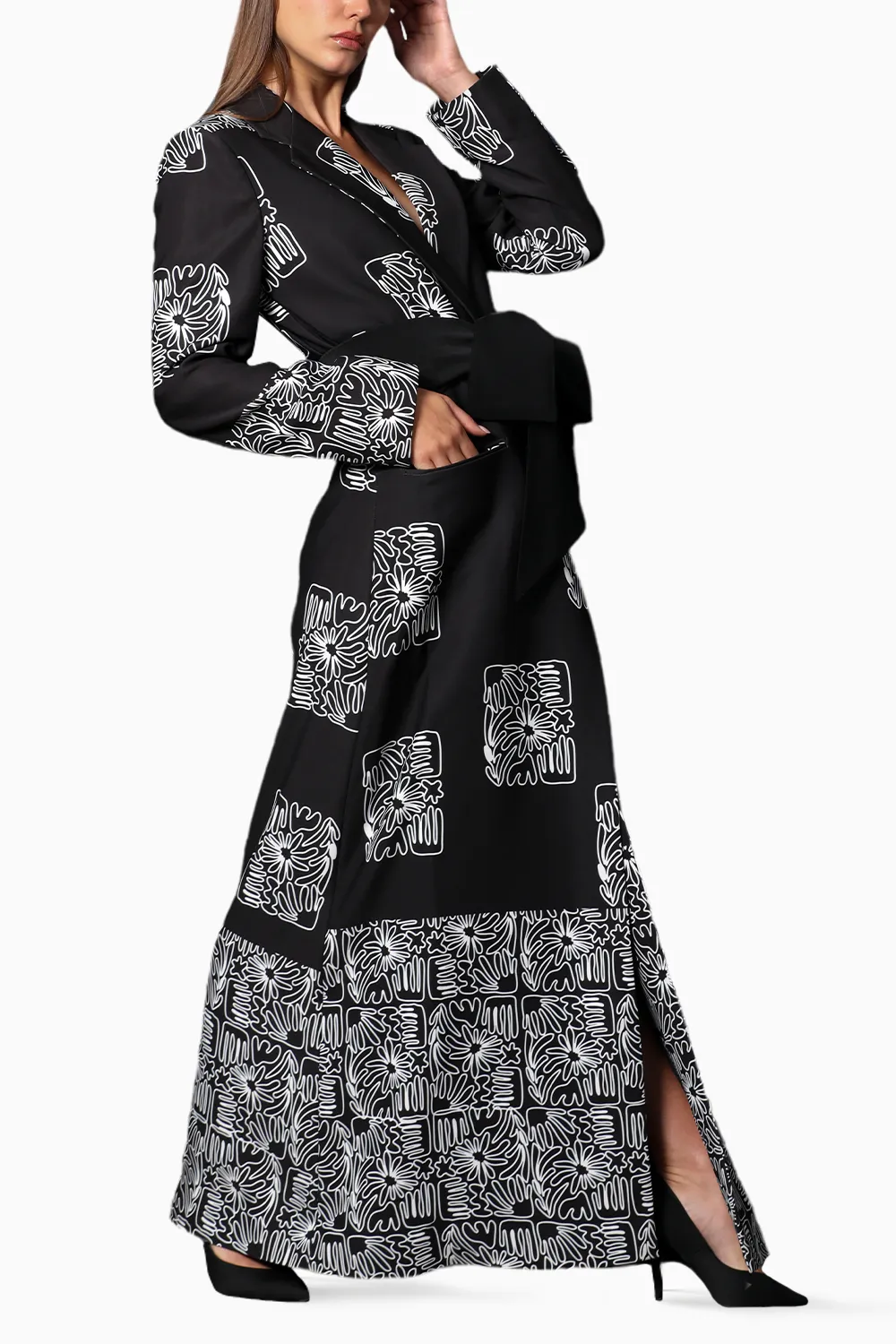 Black Printed Long Overcoat