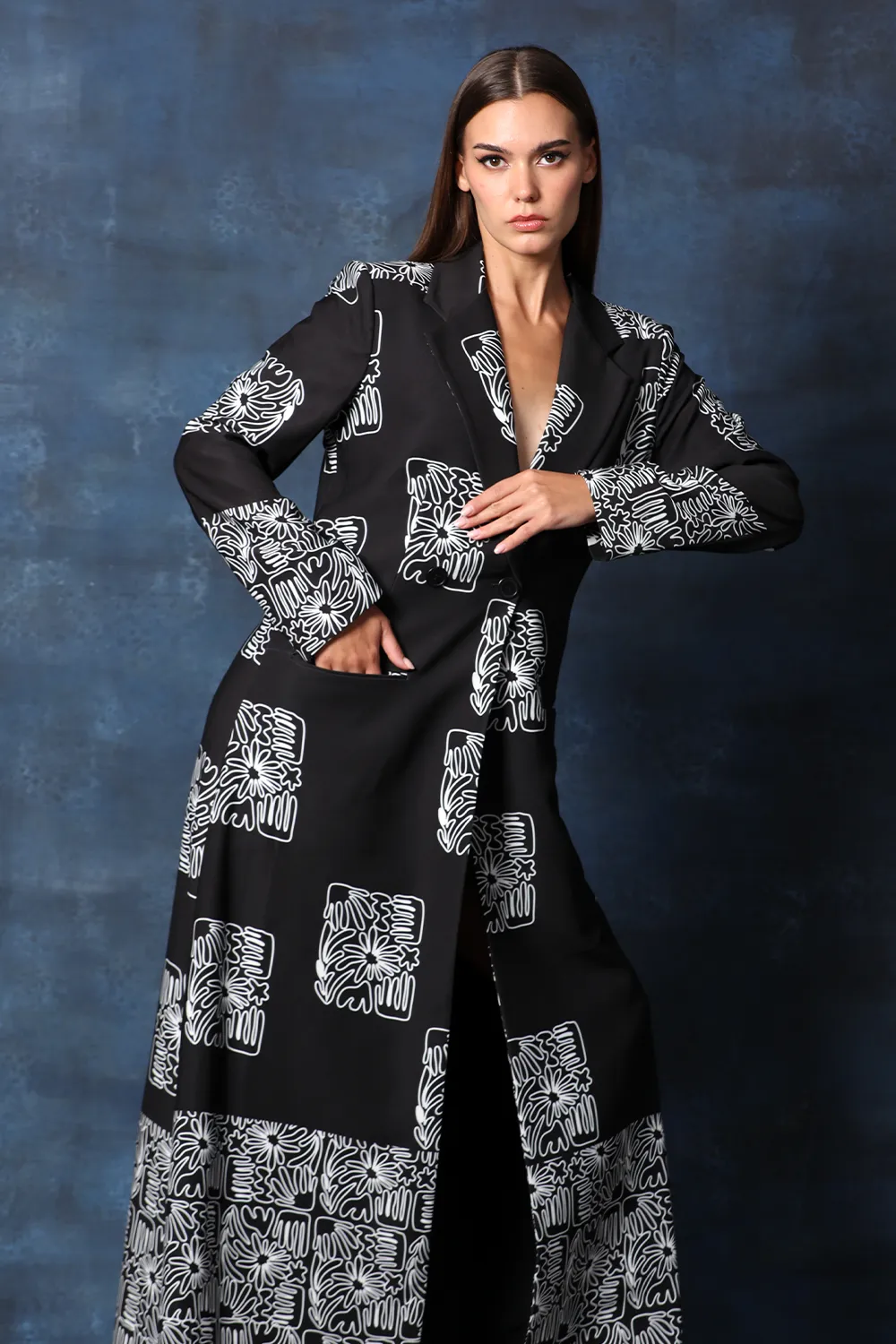 Black Printed Long Overcoat