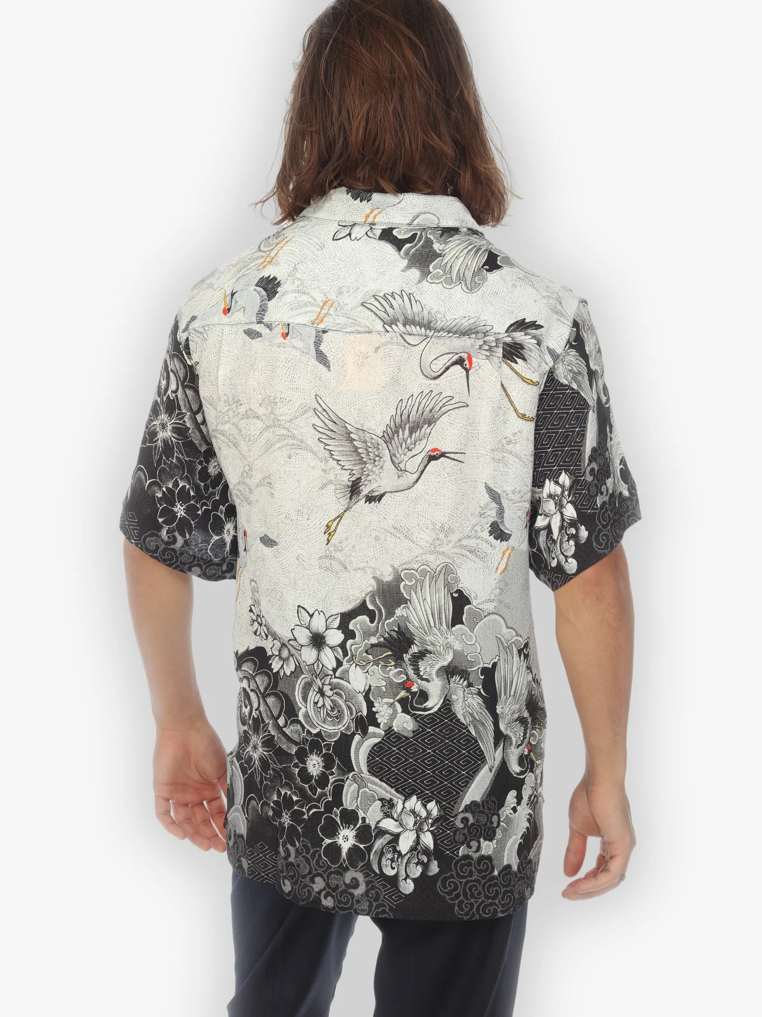 Black White Crane Wave Men’s Silk Blend Shirt