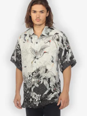 Black White Crane Wave Men’s Silk Blend Shirt