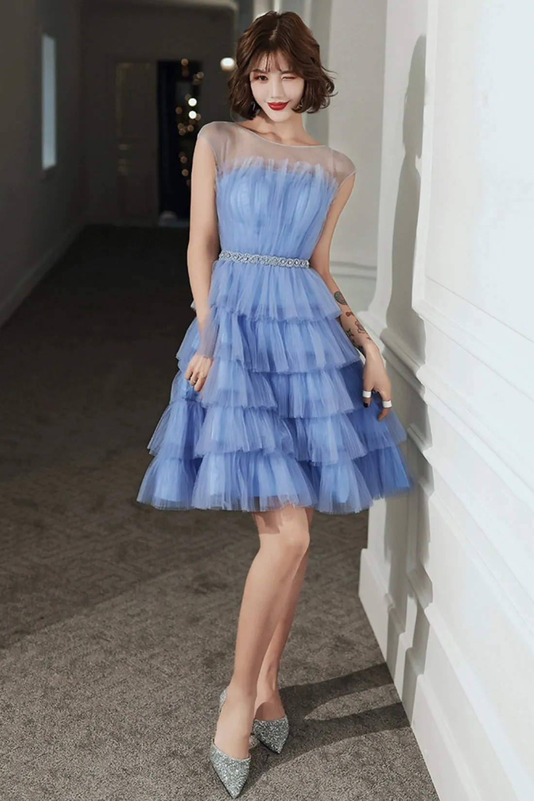 Blue Tulle Short Prom Dress, Cute Round Neck Layered Blue Party Dress
