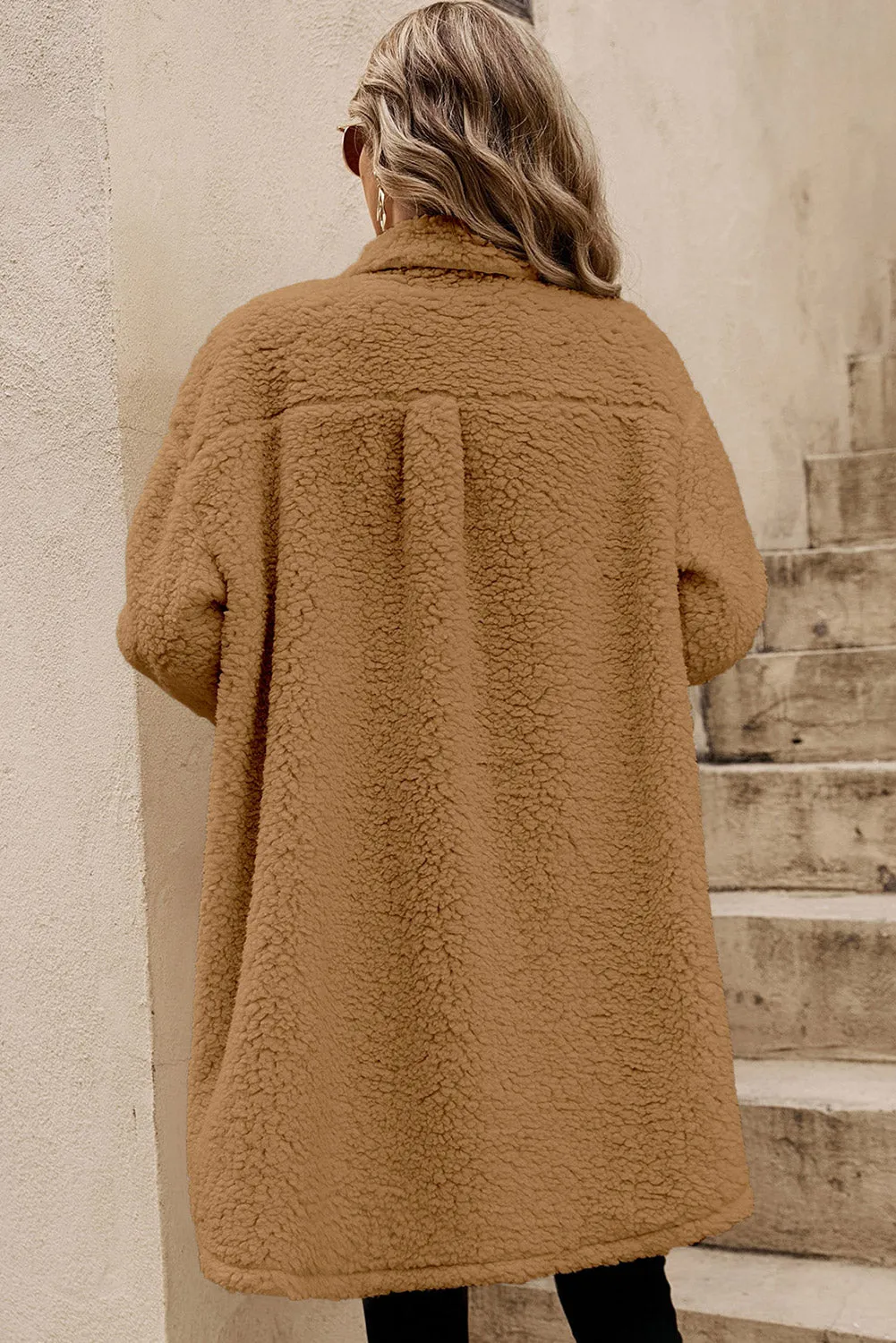 Blue Zone Planet |  Khaki Contrast Flap Pocket Single Breasted Teddy Coat