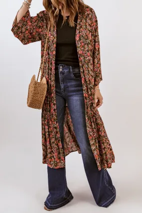 Boho Floral Print V-Neck Kimono with Multicolor Pattern