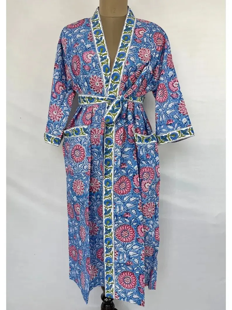 Boho House Robe Summer Kimono Pure Cotton India Hand Block, Her Anniversary Gift Beach Coverup/Comfy Maternity Mom | Lavender Pink Floral