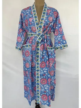 Boho House Robe Summer Kimono Pure Cotton India Hand Block, Her Anniversary Gift Beach Coverup/Comfy Maternity Mom | Lavender Pink Floral