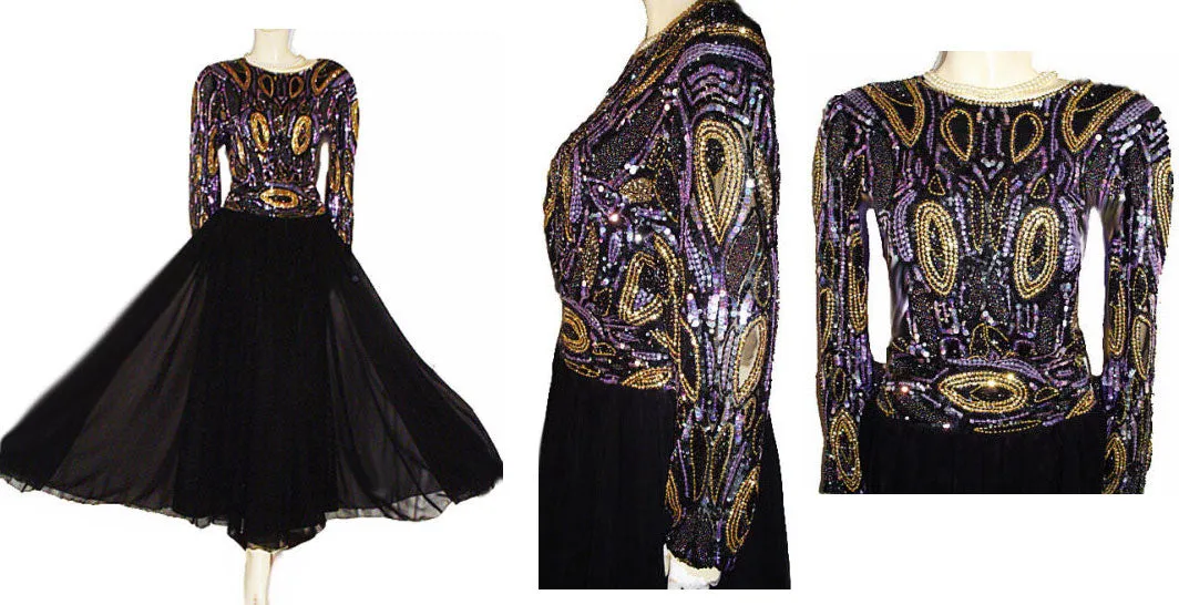 *BREATH TAKING STARLIGHT SOIREE PURPLE & GOLD BEADED & SEQUIN GRAND SWEEP EVENING GOWN - PERFECT FOR A FORMAL OCCASION & THE HOLIDAYS