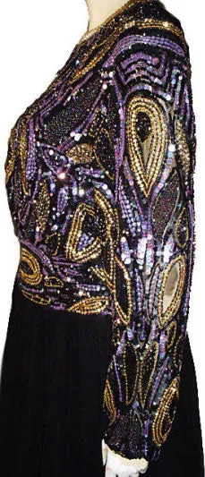 *BREATH TAKING STARLIGHT SOIREE PURPLE & GOLD BEADED & SEQUIN GRAND SWEEP EVENING GOWN - PERFECT FOR A FORMAL OCCASION & THE HOLIDAYS