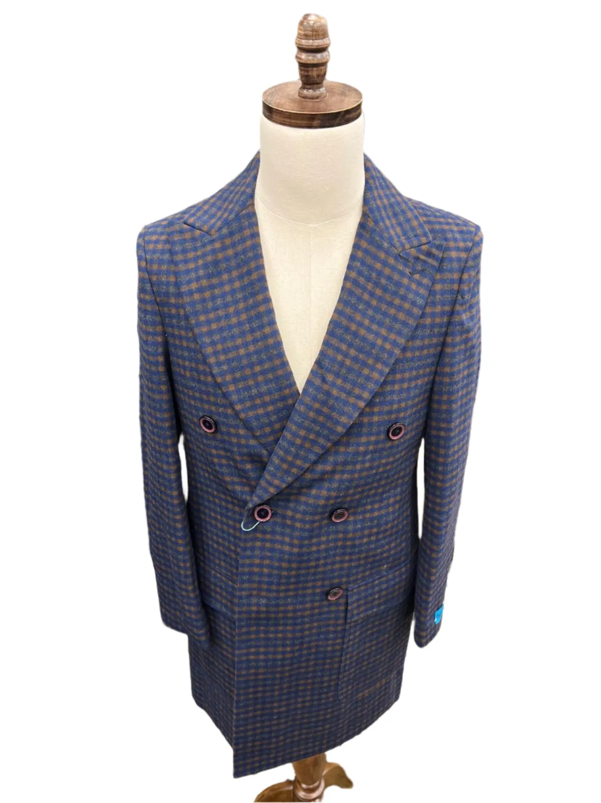 Canuti By Steven Land Mens Blue Check Double Breasted 100% Wool Overcoat