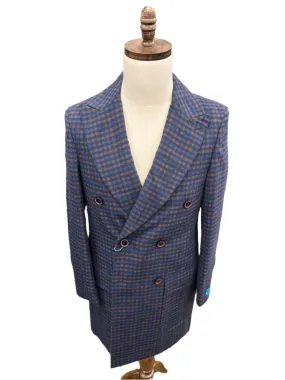 Canuti By Steven Land Mens Blue Check Double Breasted 100% Wool Overcoat