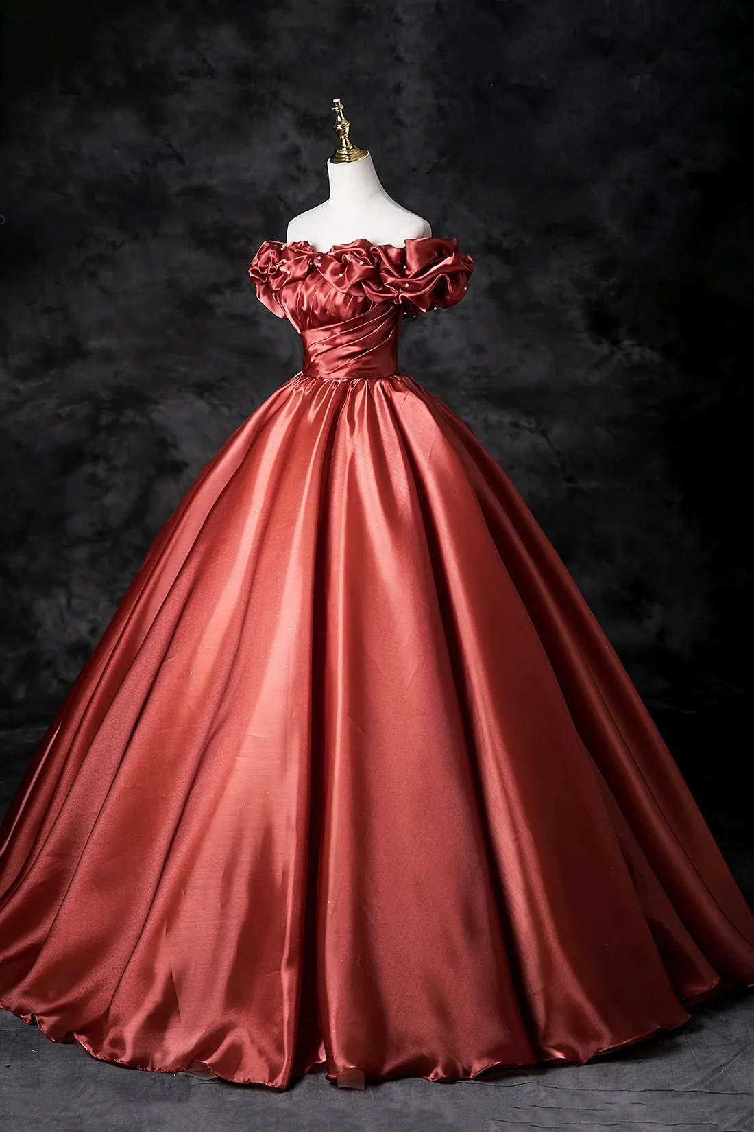Caramel Satin Long Prom Dress, A-Line Off the Shoulder Party Dress