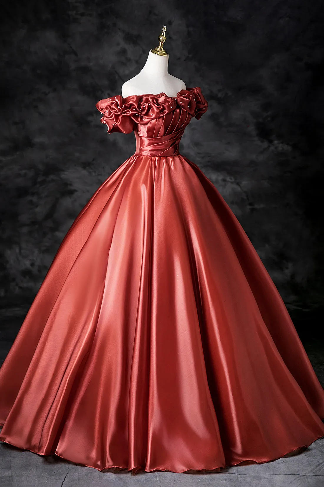 Caramel Satin Long Prom Dress, A-Line Off the Shoulder Party Dress