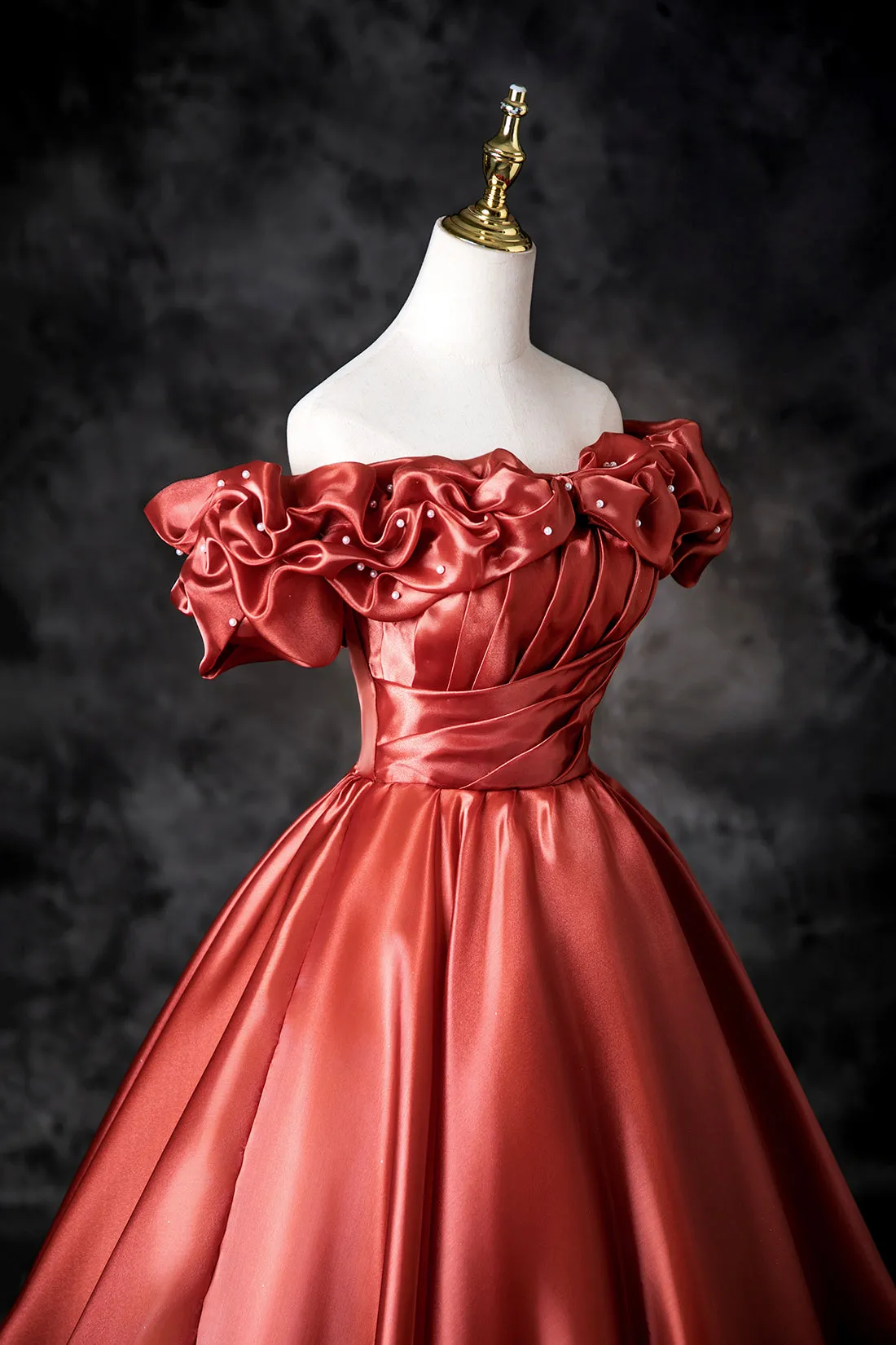 Caramel Satin Long Prom Dress, A-Line Off the Shoulder Party Dress