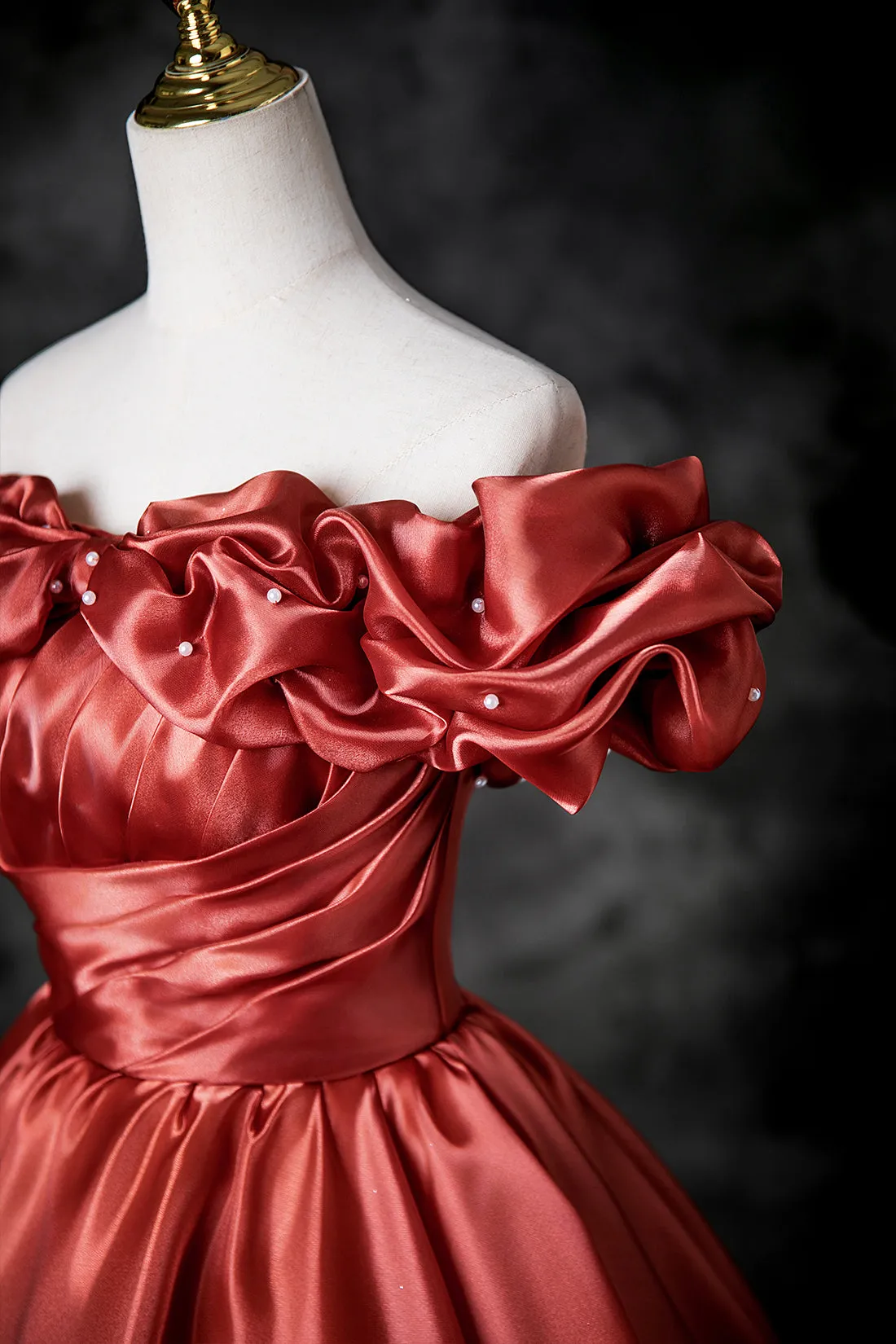 Caramel Satin Long Prom Dress, A-Line Off the Shoulder Party Dress