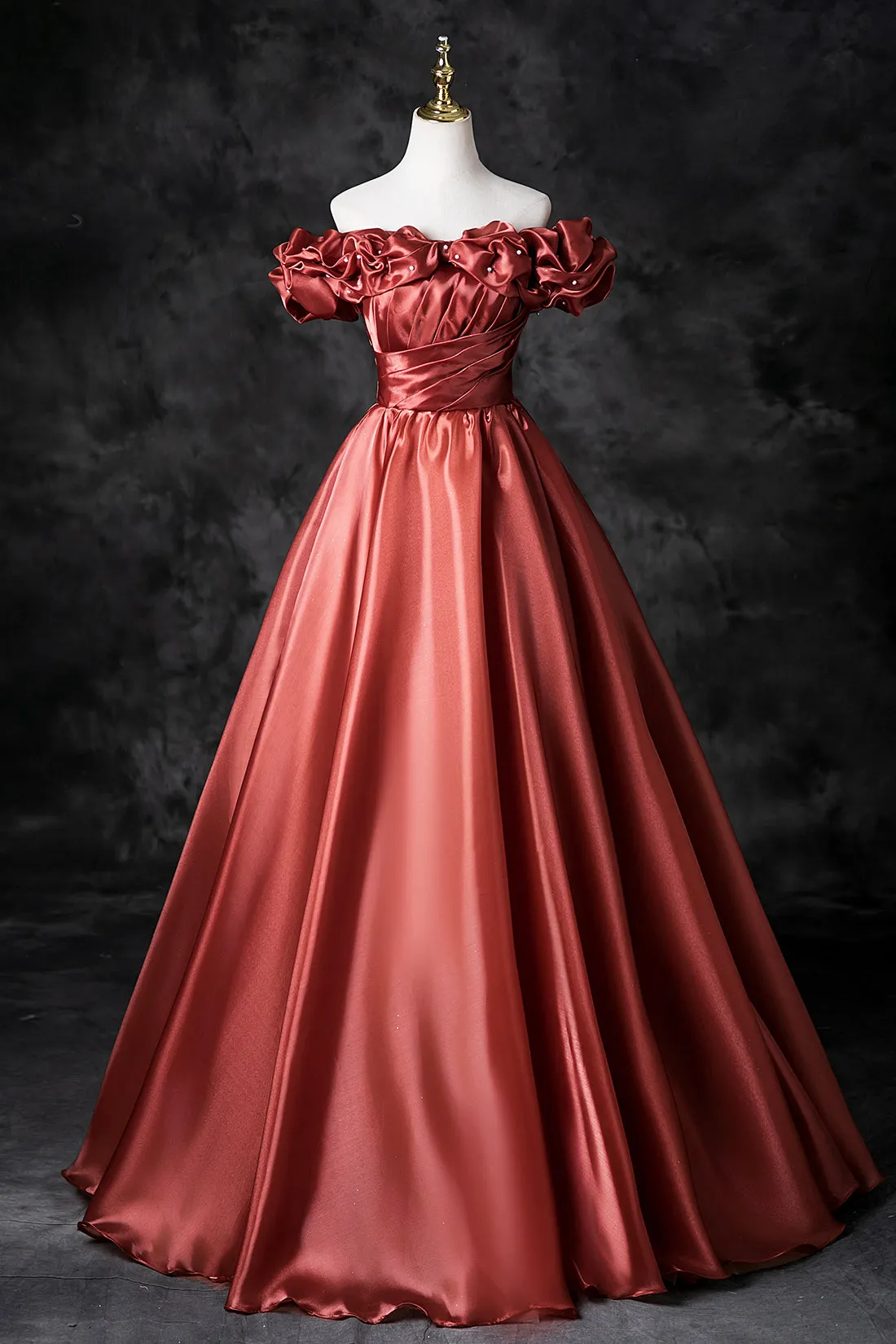 Caramel Satin Long Prom Dress, A-Line Off the Shoulder Party Dress