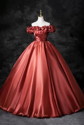 Caramel Satin Long Prom Dress, A-Line Off the Shoulder Party Dress