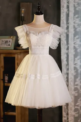 Champagne Lace Short Prom Dress, Cute Scoop Neckline Knee Length Party Dress